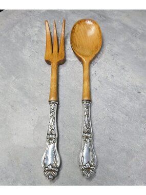 Frank Whiting Lilly Floral Sterling Silver Wooden 2 Piece Salad Set Serving